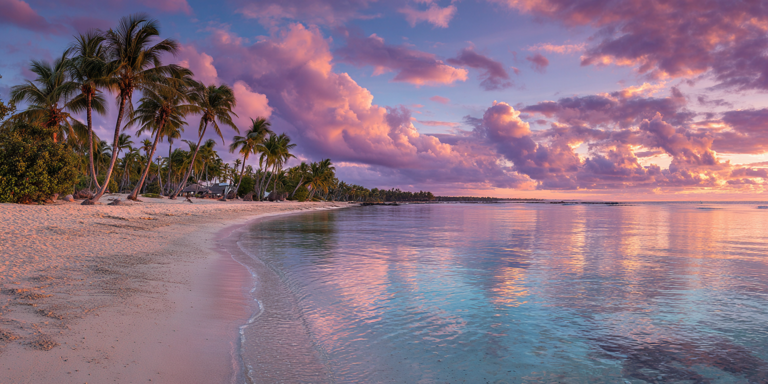 Beach scene with palm trees and a colorful sky