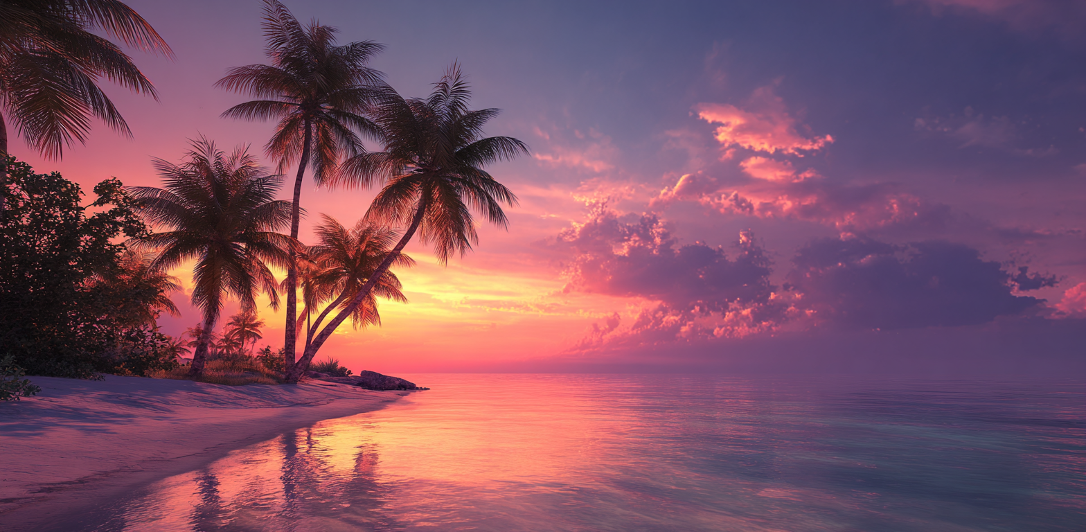 Tropical beach with palm trees at sunset